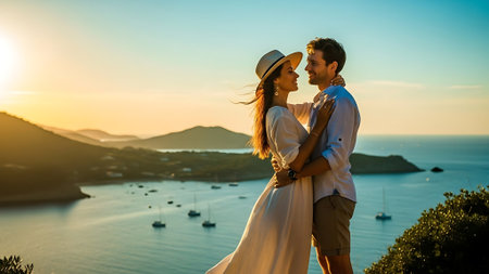 Beautiful couple in love, bride and groom embracing on the background of the sea and mountains at sunsetの素材