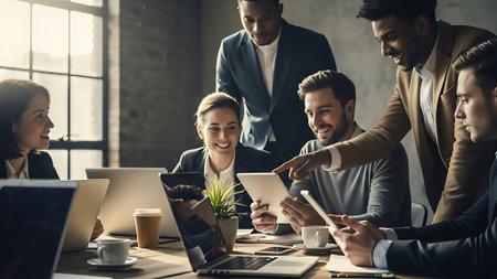 Group of business people using digital tablet and laptop while working in officeの素材