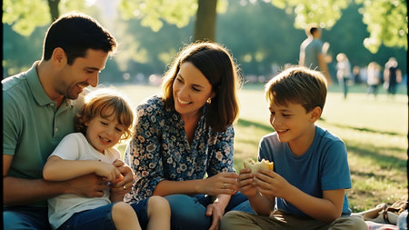 happy family with two kids having picnic in park on sunny summer dayの素材