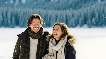 Young couple in love having fun on a snowy winter day. Smiling and laughing.の素材