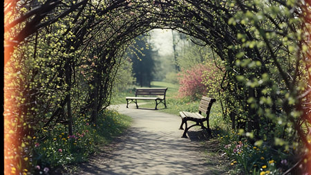 Bench in the park in springtime. 3D Rendering.の素材