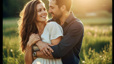 Beautiful young couple is hugging and smiling while walking in the fieldの素材
