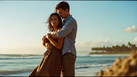 Young couple on the beach at sunset. Man and woman embracing on the beach.の素材