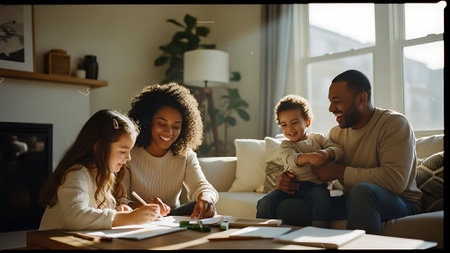 Happy family. Cheerful young African American family sitting together on the sofa and smiling while spending time togetherの素材