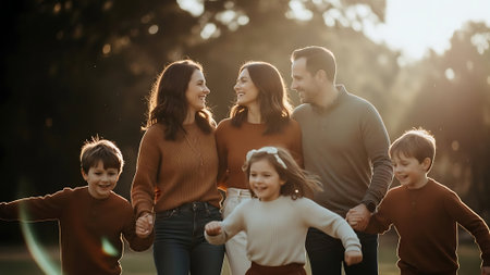 Happy family with two children having fun in autumn park on a sunny dayの素材