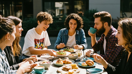 Group of friends having lunch together. Group of young people sitting at the table and drinking coffee.の素材