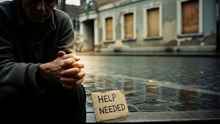 Homeless beggar begging on the street. Homelessness concept.の素材