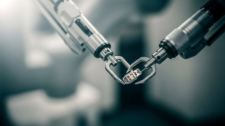 Robot hand holding a padlock with the word cyber security on itの素材