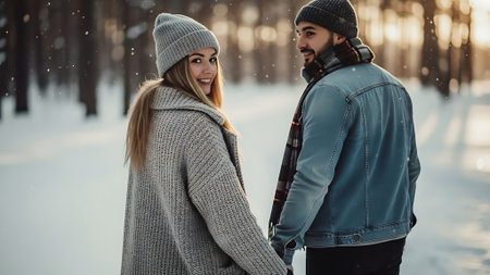 Young couple in love walking in the winter forest. Winter fashion.の素材