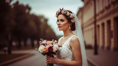 Beautiful bride in wedding dress with bouquet of flowers on the streetの素材
