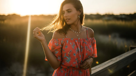 Portrait of a beautiful girl in a red dress on the background of the sunsetの素材