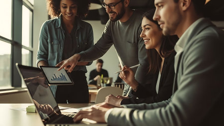 Group of young business people in smart casual wear working together in modern office.の素材