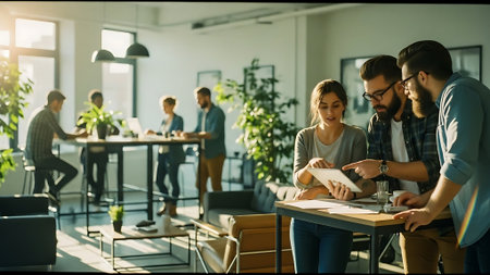 Group of young business people working together in modern office. Selective focus.の素材