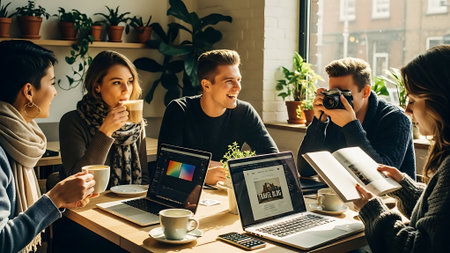 Group of young people sitting in cafe, drinking coffee and using gadgets.の素材