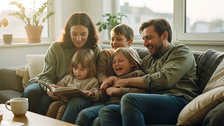 Happy family with two children sitting on sofa and reading book together at homeの素材