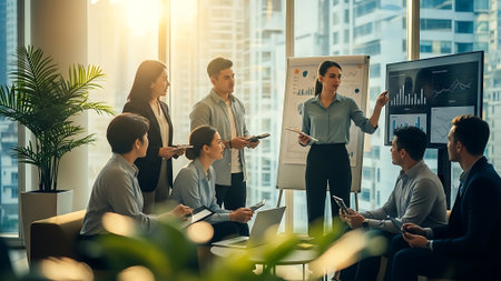 Group of business people in smart casual wear discussing business plan while working in office.の素材