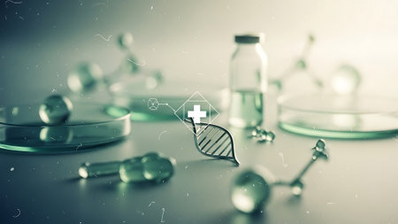 Science background image with dna molecule and test tubes 3D renderingの素材