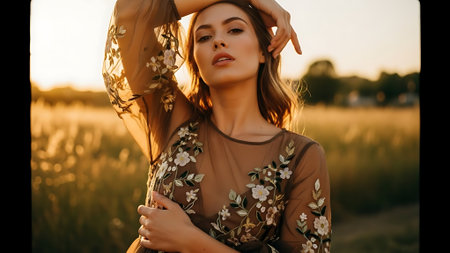 Portrait of a beautiful young woman in a field at sunset.の素材