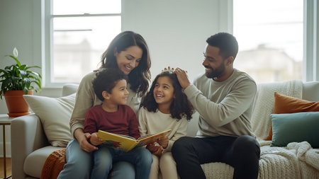 Portrait of happy family reading book together while sitting on sofa at homeの素材