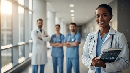 african american female doctor with stethoscope at hospital corridorの素材