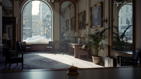 Interior of a hotel room with a view of the city.の素材