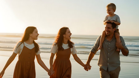 Happy family holding hands and walking on the beach during the sunset.の素材