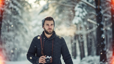 Handsome bearded man in winter forest with camera and headphones.の素材