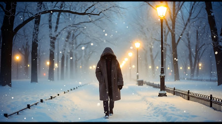 Woman walking in winter park at night with lanterns and falling snowの素材