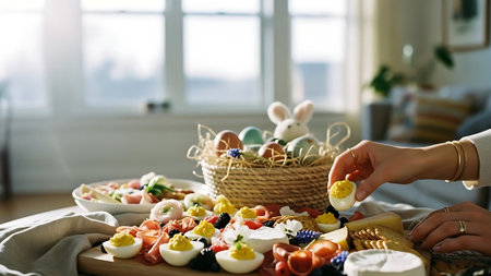 Woman decorating Easter eggs at table in room, closeup viewの素材