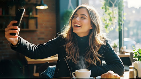 Beautiful young woman sitting in a cafe with a cup of coffeeの素材