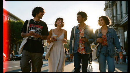 Group of diverse friends walking together in the city, having fun and drinking coffeeの素材