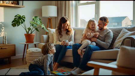 Happy family sitting on sofa in living room and drinking tea. Mother, father and children spending time together.の素材