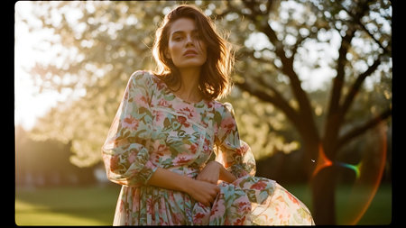Beautiful young woman in floral dress posing in a garden at sunsetの素材