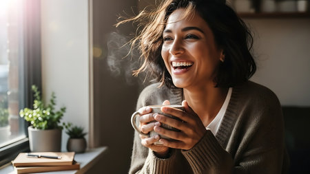 Image of a beautiful young happy woman indoors in cafe drinking coffee.の素材