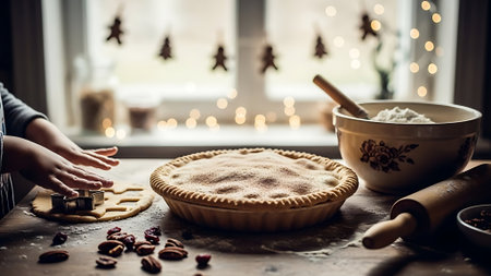 Close up of woman making christmas cookies in kitchen. Baking conceptの素材