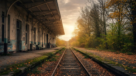 Railway station in the autumn forest. Railway station at sunset. Railway station in autumn.の素材