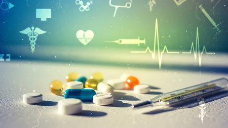Medical background with thermometer, pills and capsules. Healthcare and medicine conceptの素材