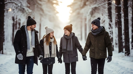 A group of young friends walking in the winter forest and having fun.の素材