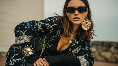Fashionable young woman in a black leather jacket and sunglasses posing on the beach.の素材