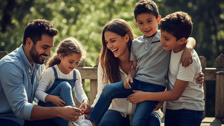Happy family is sitting on a bench in the park and smiling.の素材