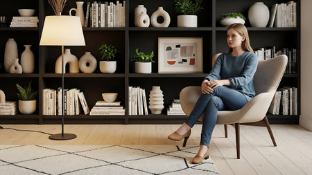 Young woman sitting in armchair at home and looking at camera.の素材