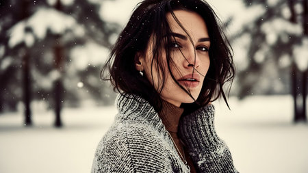 Portrait of a beautiful brunette woman in a winter park.の素材