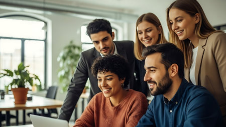 Business people working together in office. Group of young business people in smart casual wear working together in office.の素材