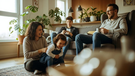 Happy young family sitting on the floor in the living room and drinking coffeeの素材