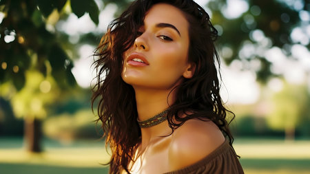 Portrait of a beautiful young brunette woman in the park.の素材