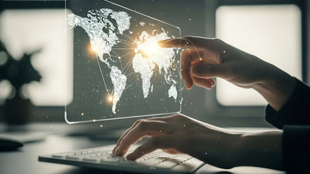 Close up of female hands using laptop with abstract glowing world map on blurry office background. Global business and networking concept. Double exposureの素材