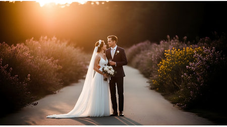 Bride and groom on the road in the lavender field at sunsetの素材