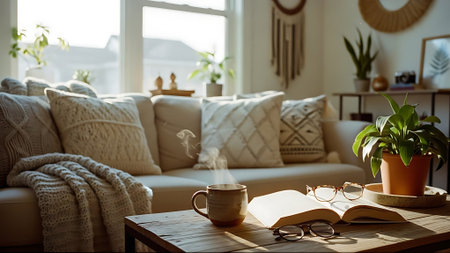 Cozy living room interior with coffee cup, book, glasses and potted plants.の素材