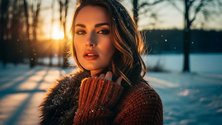 Beautiful young woman in the winter forest at sunset. Beauty, fashion.の素材
