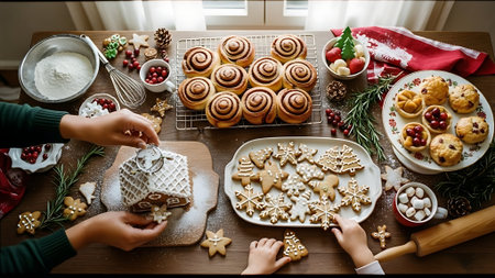 Woman decorating cinnamon buns for christmas time, top viewの素材